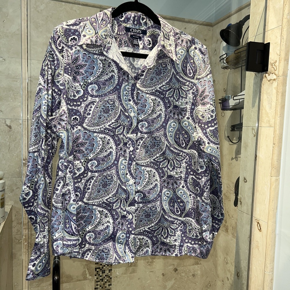 CHAPS Women XL Blue Purple Paisley No Iron Cotton Button Front Long Sleeve Shirt